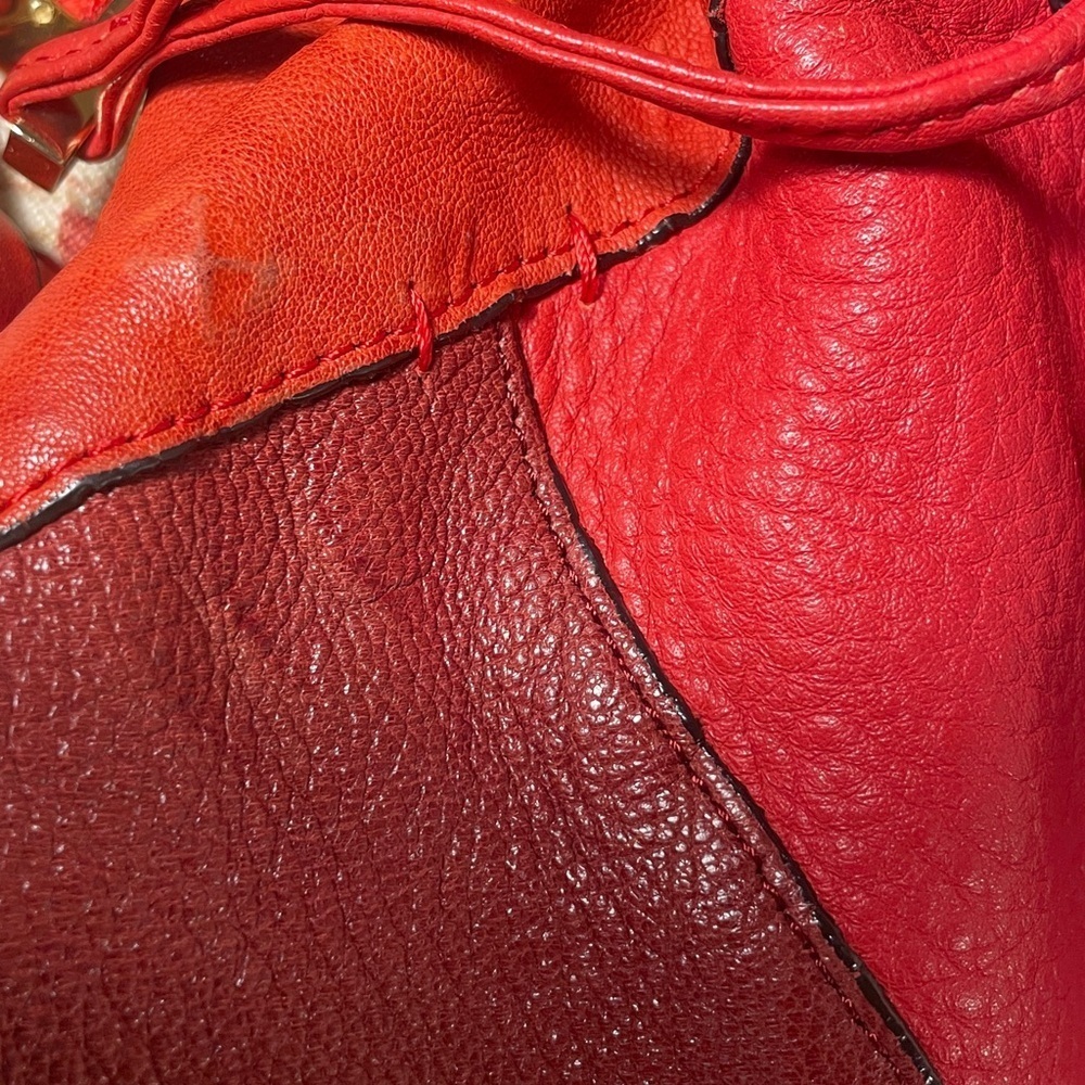 Halston Heritage Red Patchwork Ostrich Pebbled Burgundy Leather Hobo Bucket Bag - Picture 15 of 16